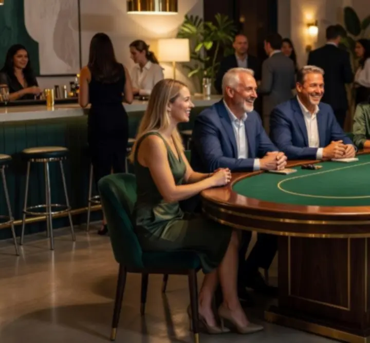 Hosté zapojení do offline pokerové zábavy u elegantního stolu